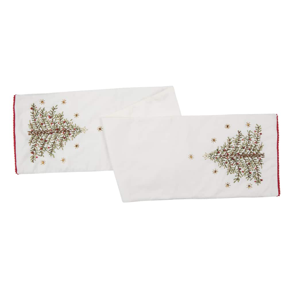 72" x 14" Christmas Holiday Embroidered Christmas Tree on White Background Cotton Table Runner