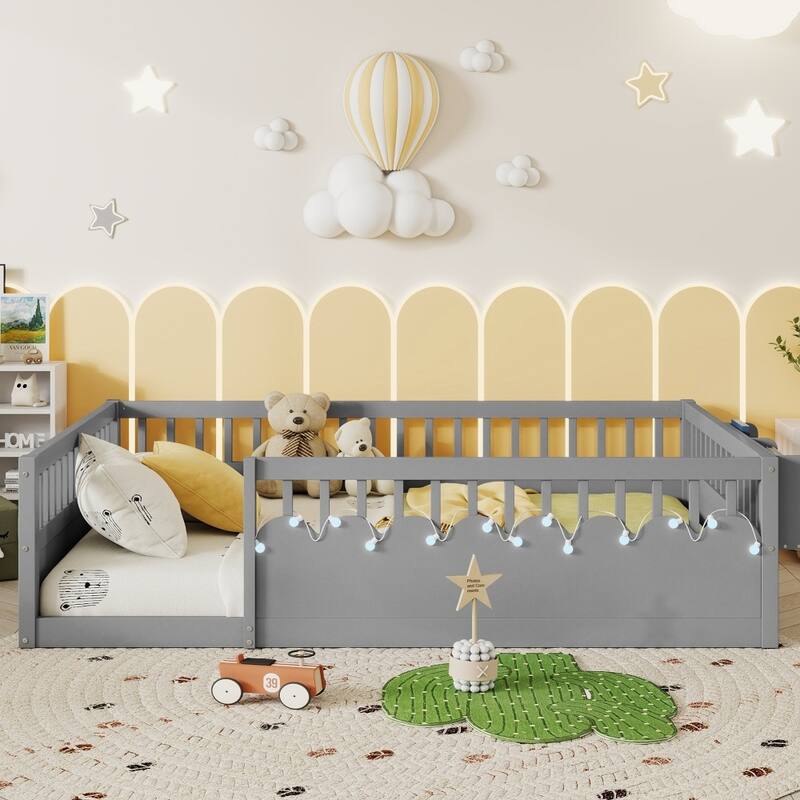 Wood Floor Bed Frame with High Rails,Light and Storage Shelf - Grey - Full