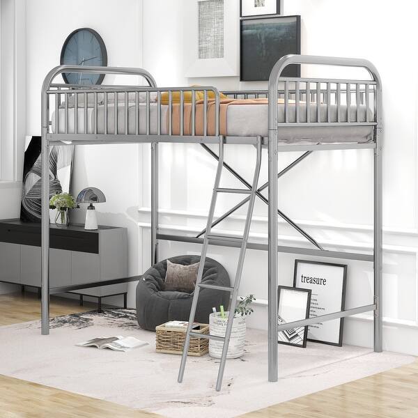 slide 2 of 8, Sleek Metal Loft Bed, Twin Size, with Ladder and Guardrail for Modern Living Silver