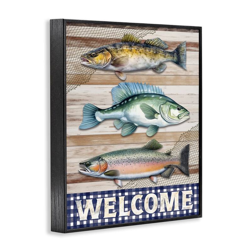Stupell Welcome with Rustic Fish Framed Giclee Art Design By Nicole DeCamp