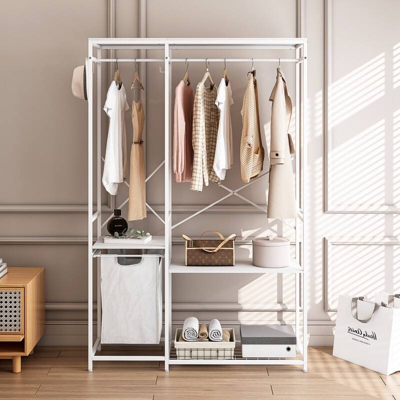 Grondin Free-Standing Portable 3-in-1 Clothes Rack Garment Rack with Shelves, Hanging Rods, Hooks and Pull-Out Storage Basket - White