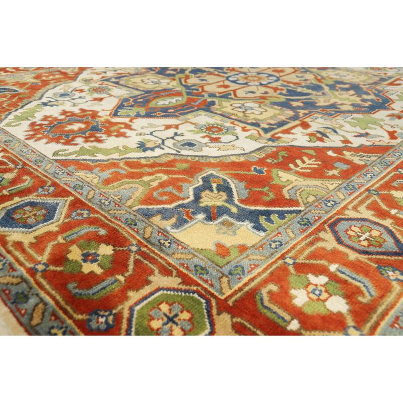 Geometric Medallion Heriz Serapi Indian Area Rug Handmade Wool Carpet - 8'11" x 11'7" - 8'11" x 11'7" - Ivory/Beige