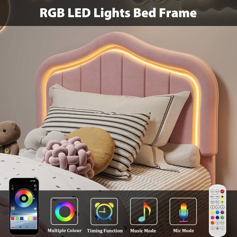 Twin Upholstered Platform Bed Frame with LED Lights & Storage Drawer, Easy Assembly