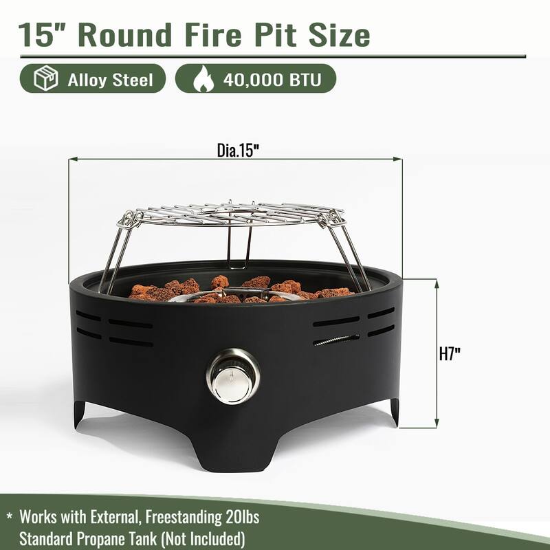 15" Round Steel Tabletop Propane Gas Fire Pit with 40000 BTU