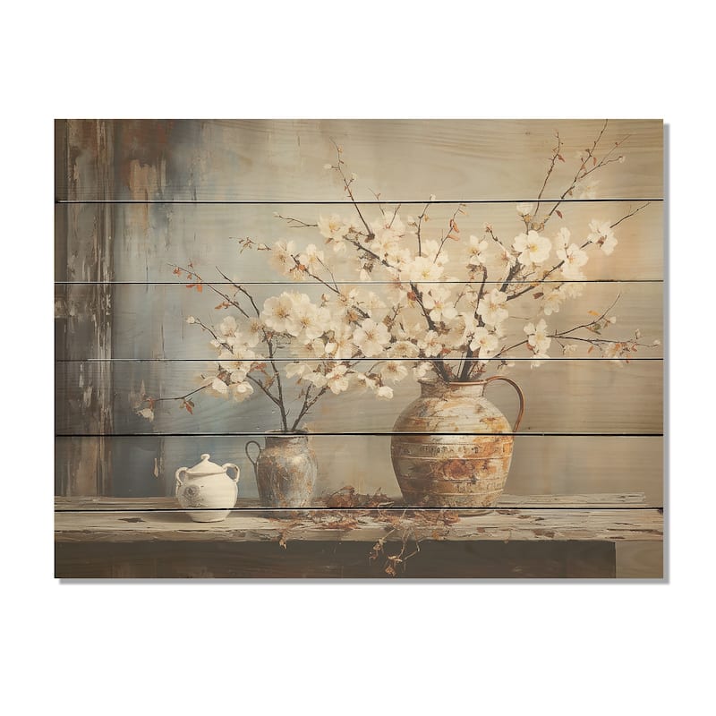 Designart "Pottery And Flowers Still Life" Trees Wood Wall Decor - Traditional Brown Wood Panel On Natural Pine Wood
