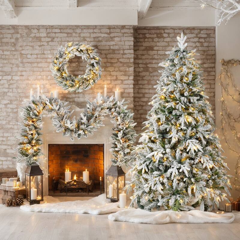 Xmas Snow Garland and Snow Xmas Tree, 3 Pac Snowy Flocked Christmas Decor with LED Lights,9ft Flocked Garland,6ft Flocked Tree