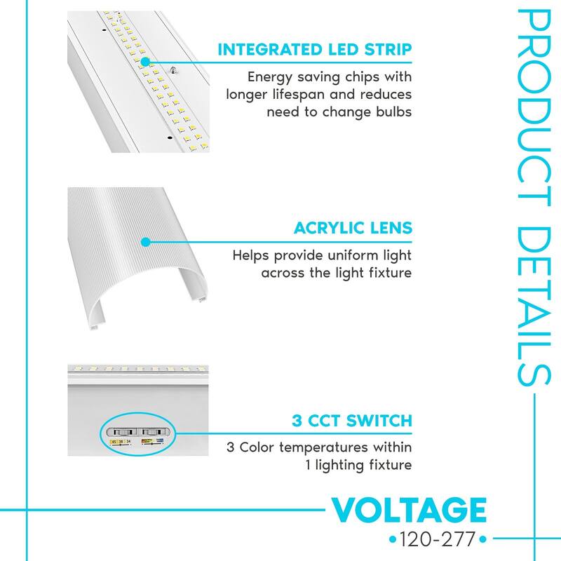 Luxrite 4FT LED Strip Light Fixture, 34W/38W/45W, 5940 Lumens, 3 Color Selectable 3500K-5000K, Dimmable, Damp Rated