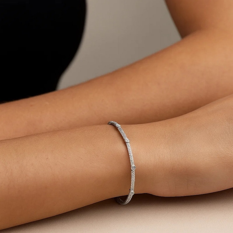 MayaMila 14k White Gold Diamond Accent Station Basket Weave Bracelet - 8 Inch