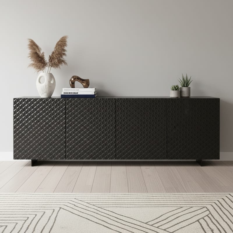 HomeRoots 94" Dark Gray Wood Carved Geometric Sideboard With Four Doors - 94.00 in. x 30.00 in. x 20.00 in. - 94.00 in. x 30.00 in.  x 20.00 in.