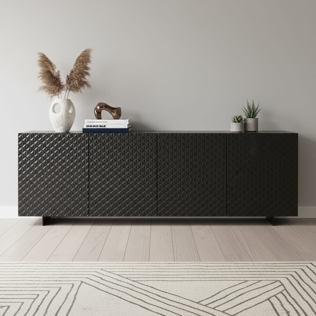 HomeRoots 94" Dark Gray Wood Carved Geometric Sideboard With Four Doors - 94.00 in. x 30.00 in. x 20.00 in.