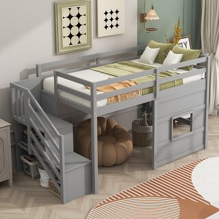 Twin Size Wood Loft Bed with Storage Staircase and Window, Grey
