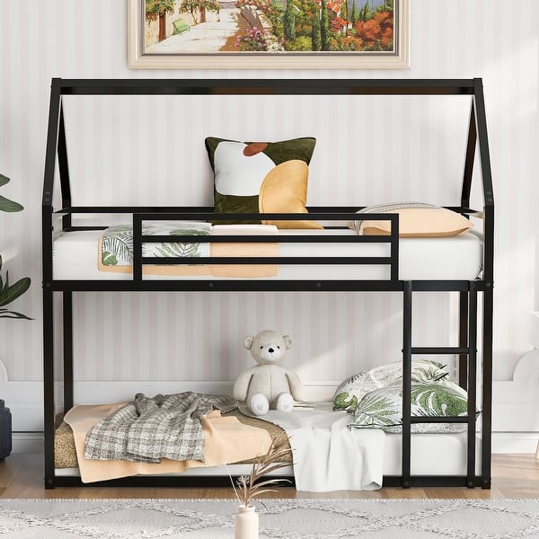 slide 2 of 26, Twin House Bunk Bed with Built-in Ladder, Slide & Guardrails, Black Black
