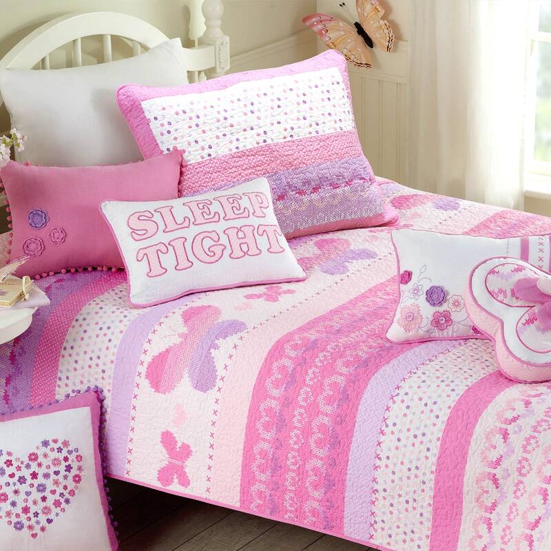 Cami Butterfly Cotton Pink Floral Quilt Bedding Set With Decorative Throw Pillows - Queen