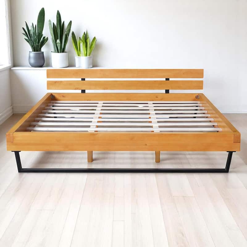 Queen/King Size Bed Frame with Headboard, Solid Pine Wood and Iron Platform Bed, Industrial Modern Design, No Box Spring Needed