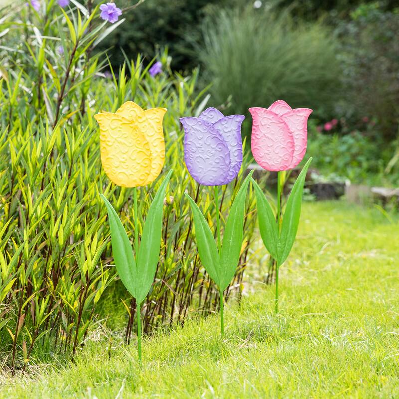 Glitzhome 24"H Easter Metal Tulips Yard Stakes Garden Decor(Set of 3) - 24"