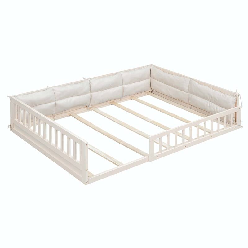 Wood Full Size Upholstered Platform Bed with Guardrail and Pillow