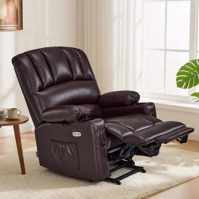 MCombo Power Lift Recliner Chair, Massage and Heat for Elderly, Extended Footrest,Cup Holders, USB Ports 7095 - Faux Leather-Dark Brown