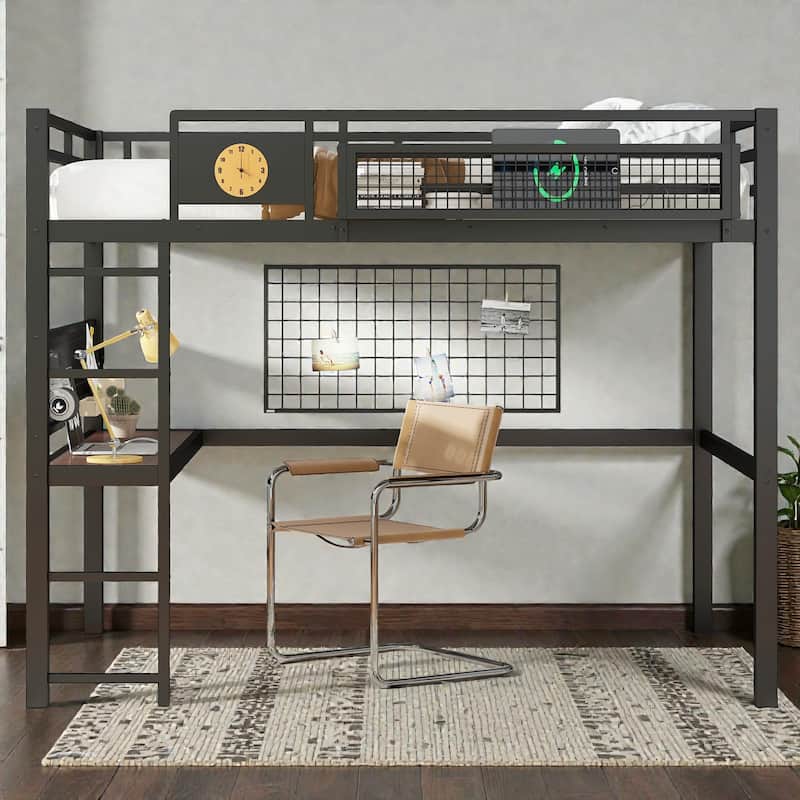 Queen Metal Loft Bed with Desk, Pegboard, Storage Basket, Clock, USB Charging Port & Space-Saving Workstation - Black - Queen