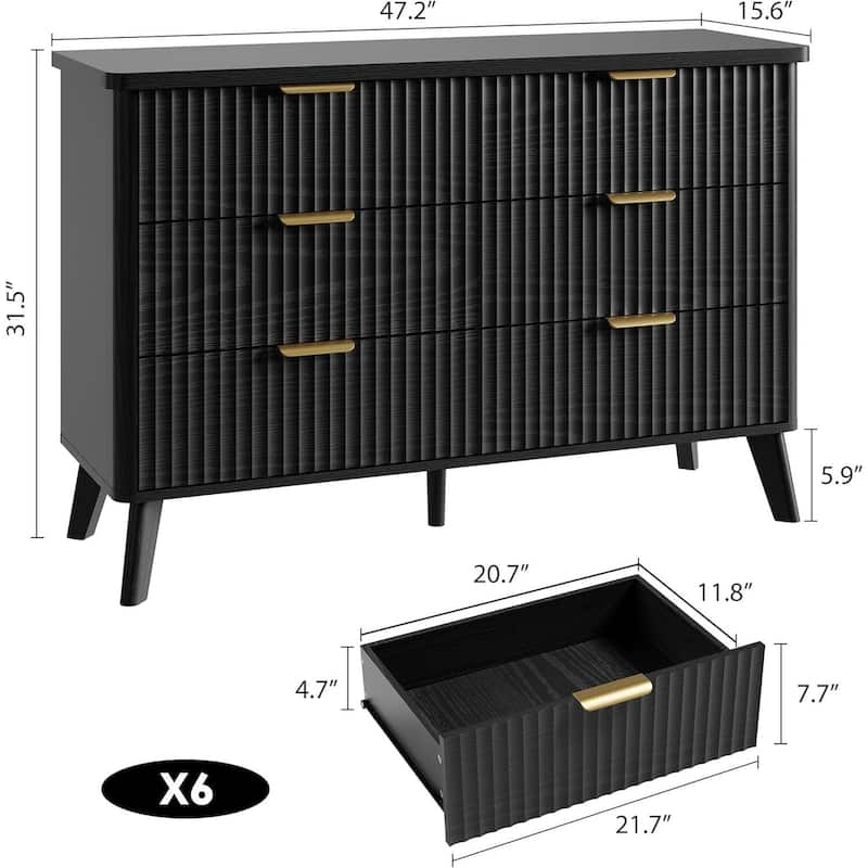 Modern Fluted 6 Drawers Dresser TV Stand for Living Room, Bedroom