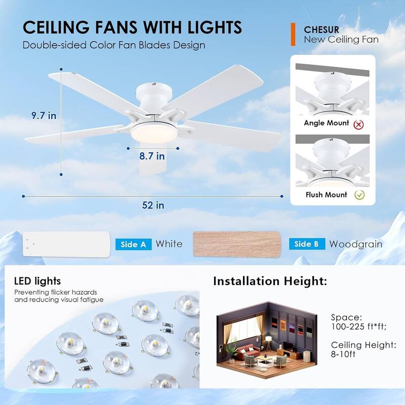 52 Inch Ceiling Fan with Light and Remote,Flush Mount Ceiling Fan,5 Dual Side Blades - 52 Inches