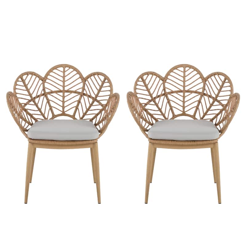 Roomfitters Kirk Outdoor Wicker Peacock Papasan Chairs with Teak Finish Legs, Light Brown and Beige Set of 2 - Set of 2