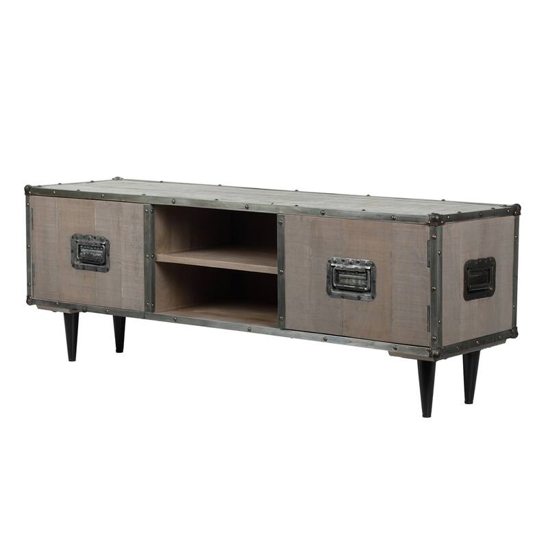 ExBrite Solid Wood Media Console 2 Doors Back Black Metal Legs for TV Table Bench Stand,Gray Wash Finish - 59" x 16" x 21"