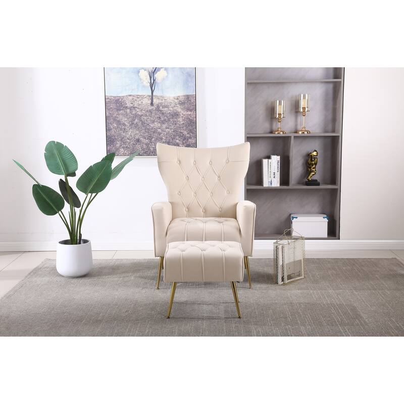 Beige Modern 31.5" Velvet Upholstered Buttons Tufted Arm Chair with Ottoman and Iron Legs