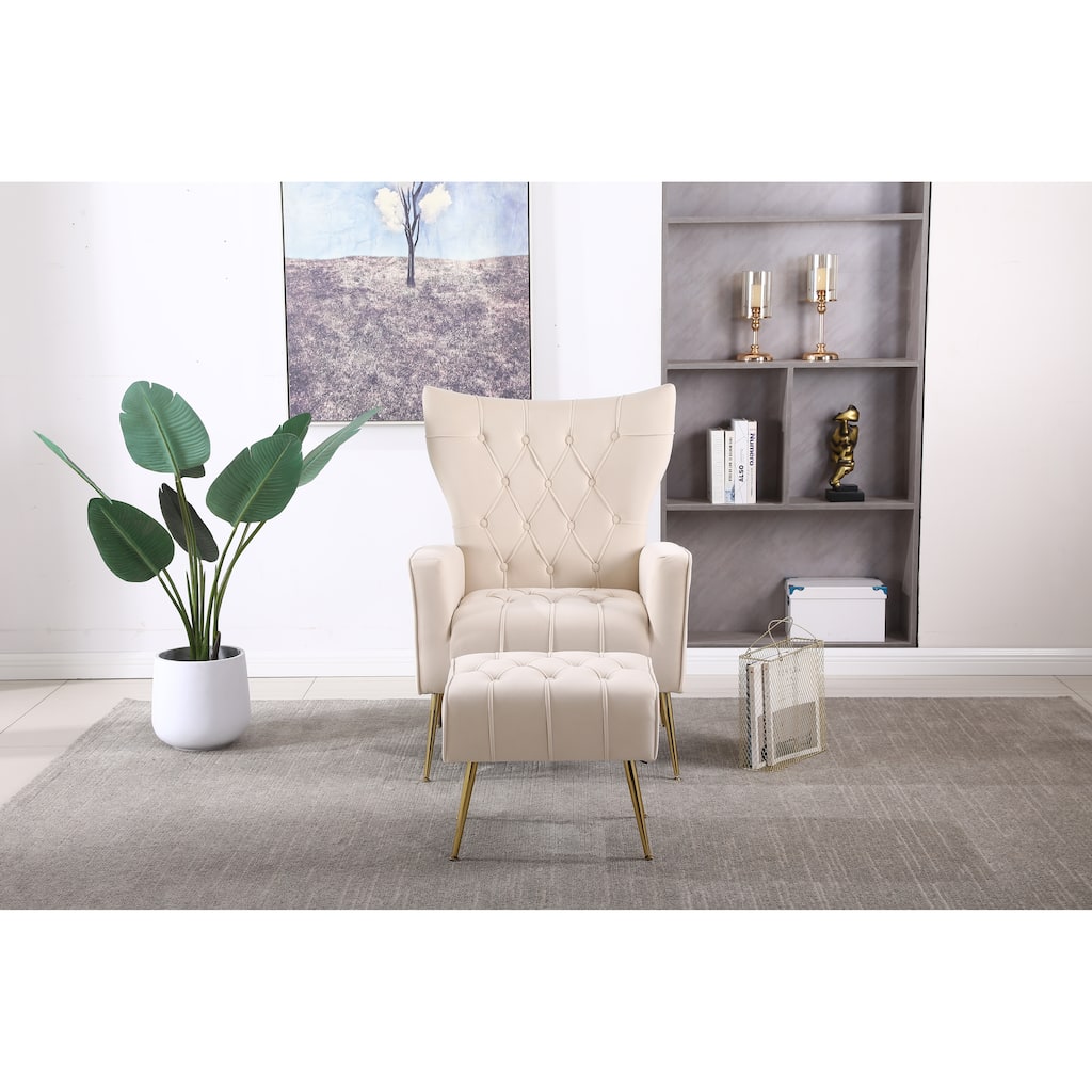 Velvet Lounge Chair Office Chair with Footrest, Minimalist Beige Reading Chair Reception Chair with Wing Backrest