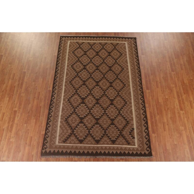 Hand Woven Oriental 100% Wool Carpet Southwestern Geometric Brown Kilim Area Rug - 10' 0'' X 6' 8''