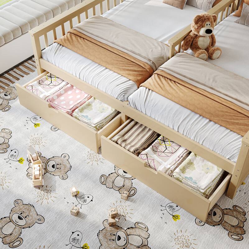 Double Twin Platform Bed with Storage Shelves and Drawers, House Platform Bed with Support Slats, Childlike