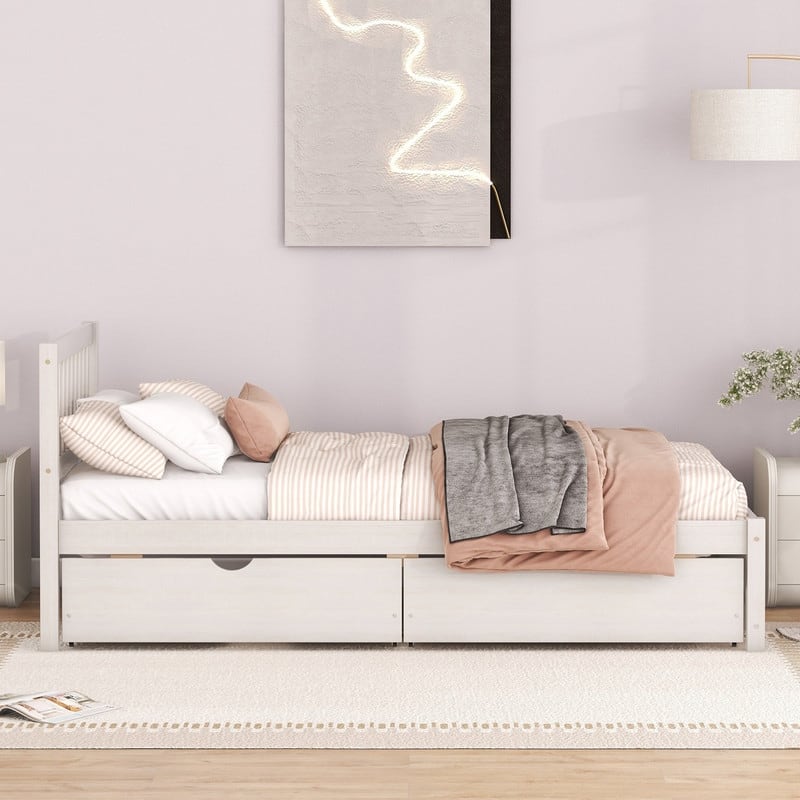 Twin Size Wooden Platform Bed Frame with 2 Drawers