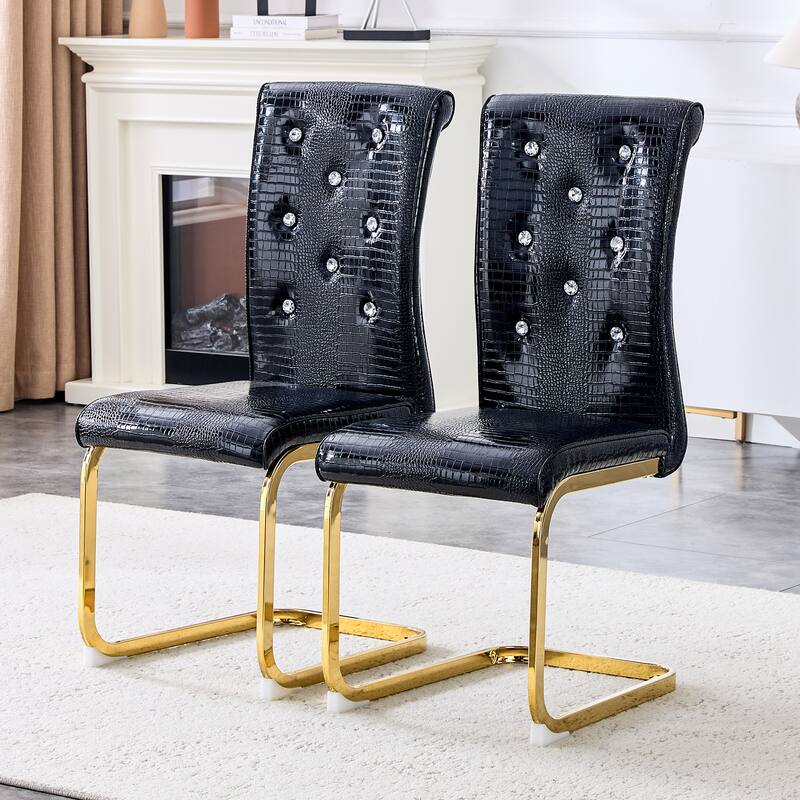 Retro Alligator-Embossed Faux Leather Dining Chairs with Crystal Buckle, Accent Upholstered Kitchen Chairs