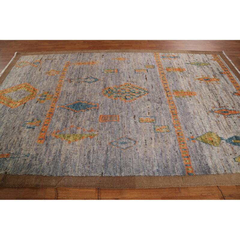 Hand Knotted Oriental 100% Wool Carpet Modern Tribal Greys & Charcoal Moroccan Area Rug - 9' 10'' X 6' 2''