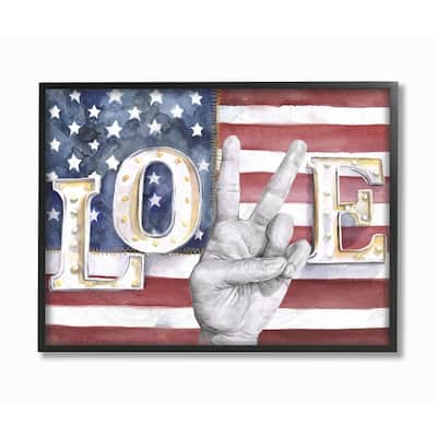 Stupell Industries Love Peace Sign Hand American Flag Design Framed Wall Art