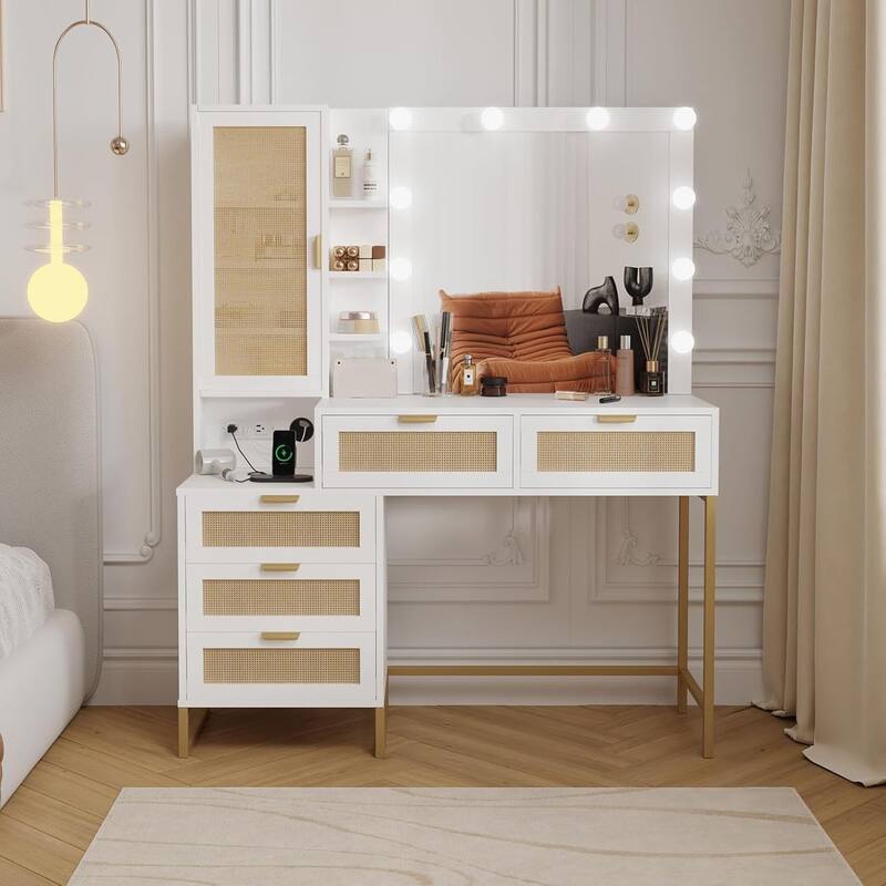 Modern Makeup Vanity Desk with Lighted Mirror, Power Outlets & Storage, Wood Fluted Dressing Table for Bedroom - Rattan