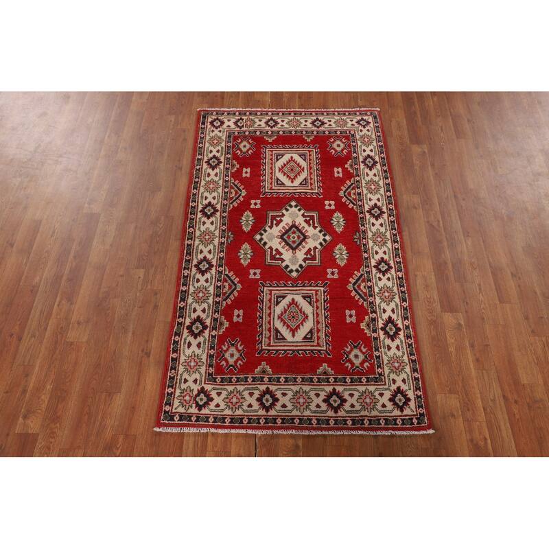 Red Geometric Kazak Oriental Foyer Rug Handmade Accent Wool Carpet - 3'3" x 5'9"