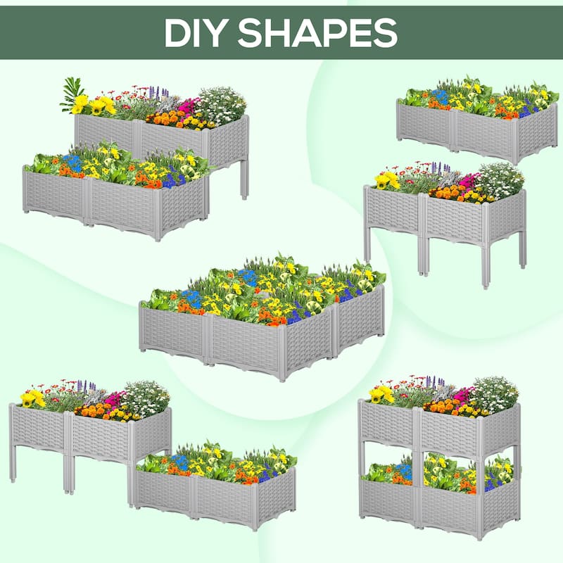 Outsunny 4-Piece Rattan Raised Garden Beds Outdoor Planter Boxes with Different Stacking Arrangements, Self-Watering Design