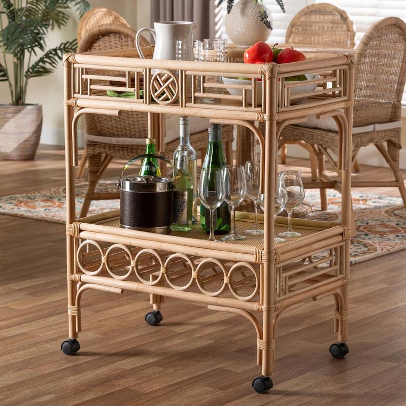 Molina Natural Rattan Wine Cart - 2-Tier Beverage Trolley with Wheel and Bottle Holders, Tropical Coastal Style Furniture