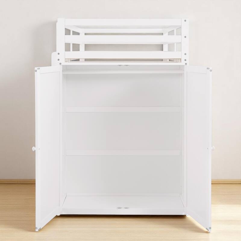 Wooden Twin/Full Loft Bed with Built-in Desk, Wardrobe Closet & Storage Drawers, Guardrail Design