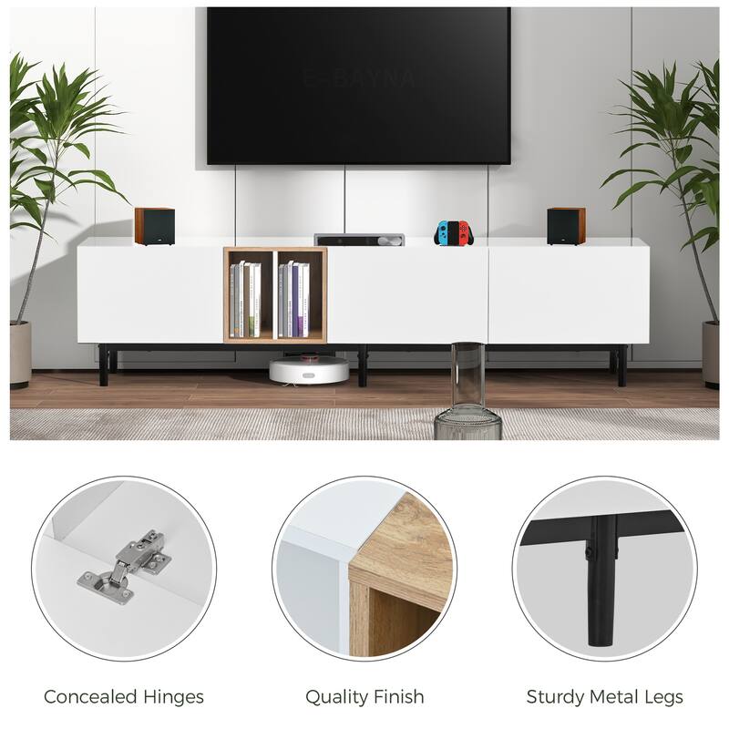 Modern TV Stand for 80'' TVs with 3 Doors, Concealed Storage and Pull-Down Cabinet Doors, for Living Rooms Bedrooms, White