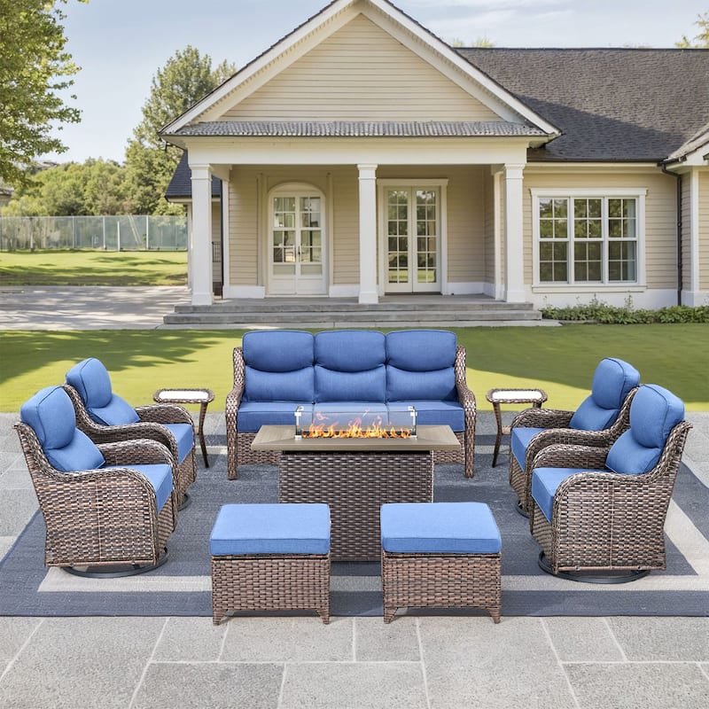 Pocassy 10 Pieces Outdoor 6 Inch Sofa Swivel Chair Ottoman with Fire Table - Blue cushion - Brown Wicker