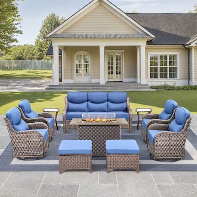 Pocassy Outdoor 6 Inch Sofa Chair Ottoman with Fire Pit Table Set