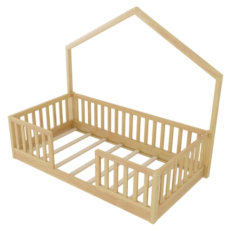 Twin Floor Bed with High Rails, Wooden Montessori Bed with Light for Kids, Boys and Girls