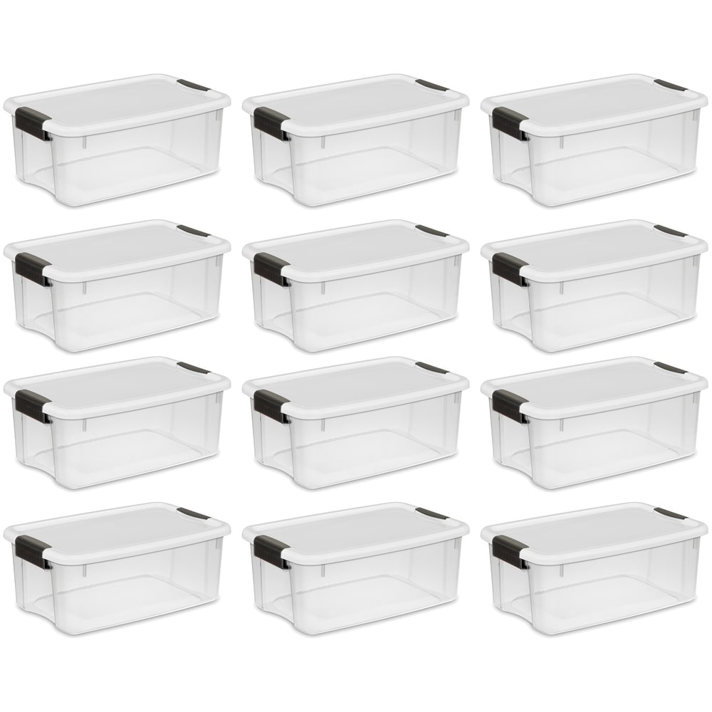 Sterilite 32 Qt Latching Storage Box, Stackable Bin with Latch Lid, Plastic  Container to Organize Clothes Underbed, Clear with White Lid, 12-Pack