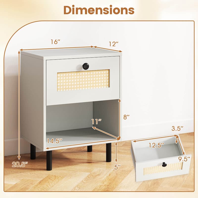Costway 1/2 PCS Rattan Nightstand Boho End Table with Drawer & Open - See Details