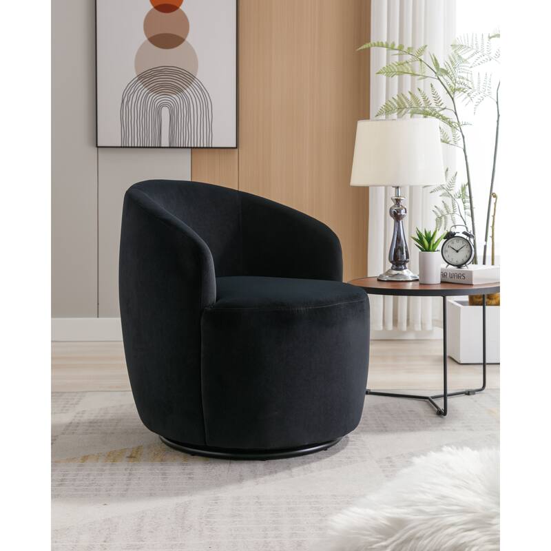 Modern Barrel Swivel Accent Chair with Metal Base, Round Velvet Upholstered Reading Chair w/ Curved Back for Living Room Bedroom