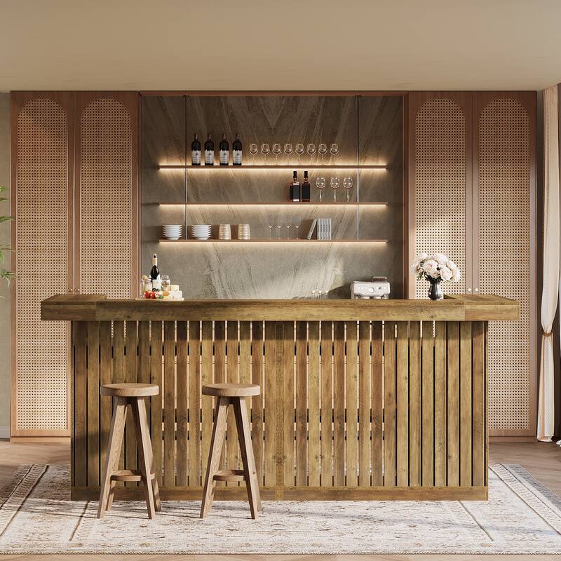 Home Bar Unit, Corner Liquor Bar Table with Storage Shelves & Wine Glass Holder, Pub Reception Accent Cabinet Desk