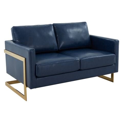 LeisureMod Lincoln Modern Upholstered Leather Loveseat with Gold Frame - 55"