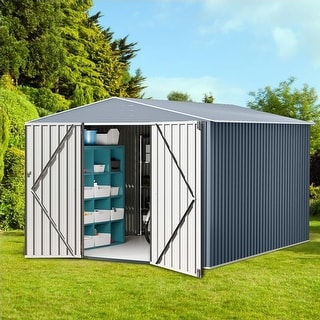 8x12 FT Outdoor Steel Storage Shed with Lockable Doors, Large Garden Tool Metal Shed with Sloping Roof