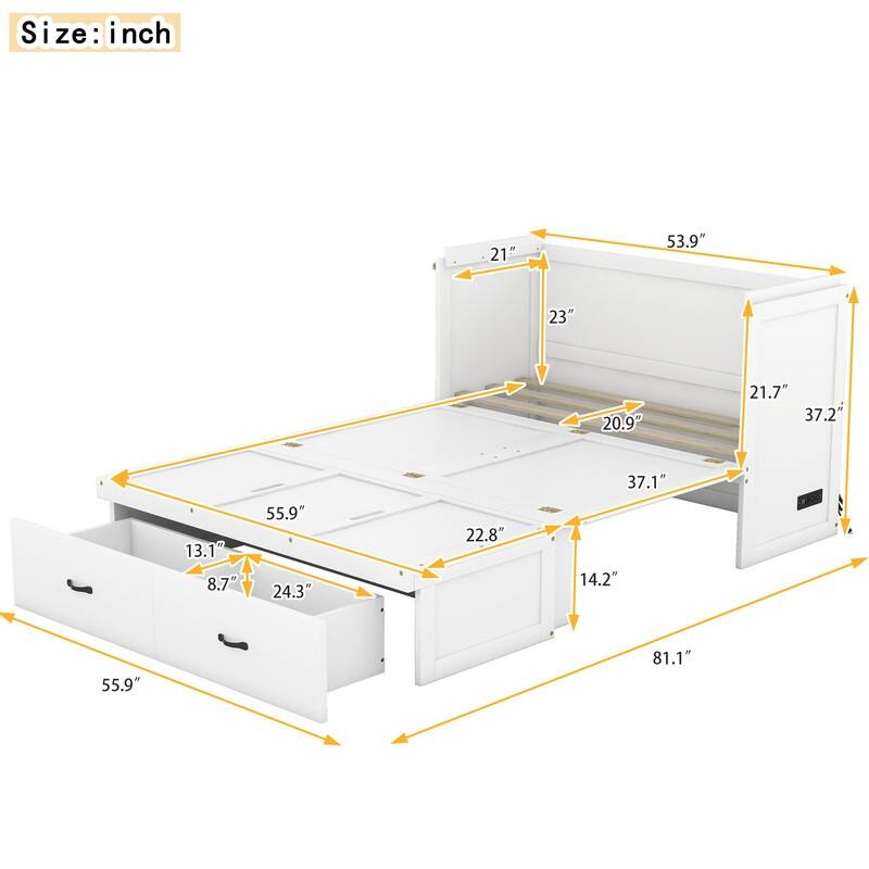 Murphy Bed with USB Port and a Large Drawer,Queen/Full Size